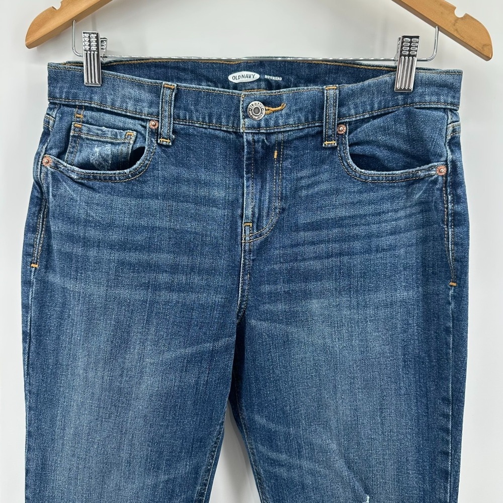 Old Navy Boyfriend Jeans Womens Blue Denim Distressed Stretch Mid Rise Outdoor